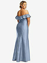 Rear View Thumbnail - Cloudy Off-the-Shoulder Ruffle Neck Satin Trumpet Gown