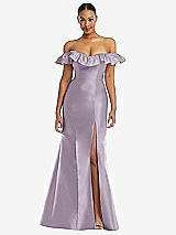 Alt View 3 Thumbnail - Lilac Haze Off-the-Shoulder Ruffle Neck Satin Trumpet Gown