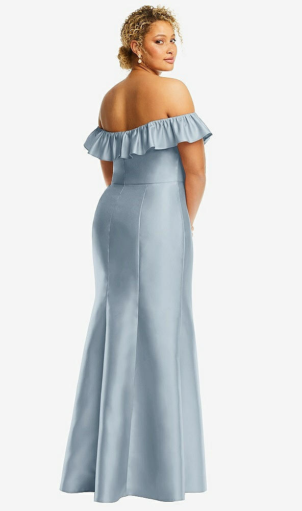 Back View - Mist Off-the-Shoulder Ruffle Neck Satin Trumpet Gown