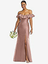 Alt View 1 Thumbnail - Neu Nude Off-the-Shoulder Ruffle Neck Satin Trumpet Gown