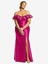 Front View Thumbnail - Think Pink Off-the-Shoulder Ruffle Neck Satin Trumpet Gown