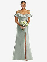 Alt View 2 Thumbnail - Willow Green Off-the-Shoulder Ruffle Neck Satin Trumpet Gown