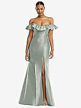 Alt View 3 Thumbnail - Willow Green Off-the-Shoulder Ruffle Neck Satin Trumpet Gown