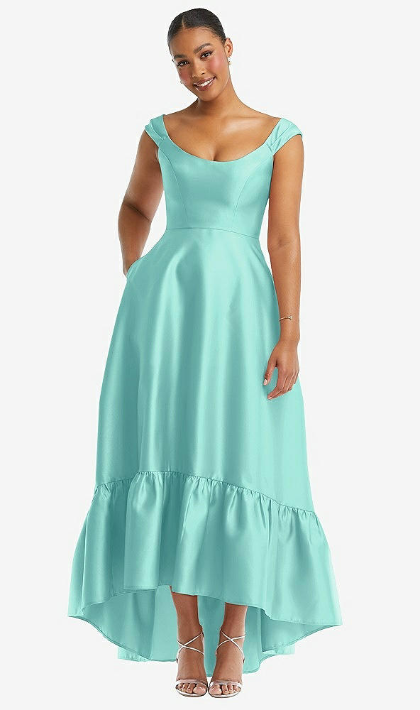 Front View - Coastal Cap Sleeve Deep Ruffle Hem Satin High Low Dress with Pockets