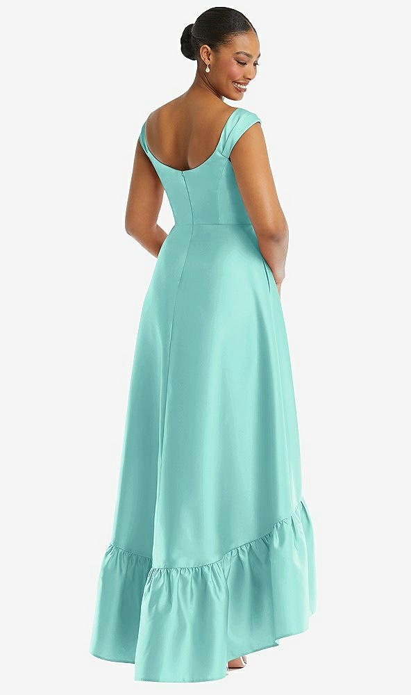 Back View - Coastal Cap Sleeve Deep Ruffle Hem Satin High Low Dress with Pockets