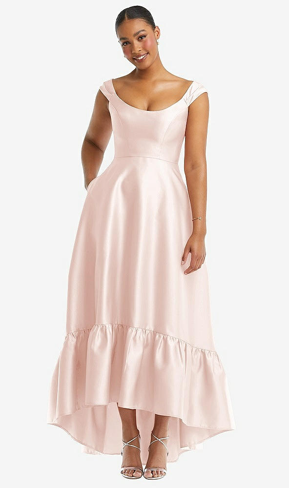 Front View - Blush Cap Sleeve Deep Ruffle Hem Satin High Low Dress with Pockets