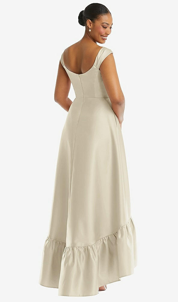 Back View - Champagne Cap Sleeve Deep Ruffle Hem Satin High Low Dress with Pockets