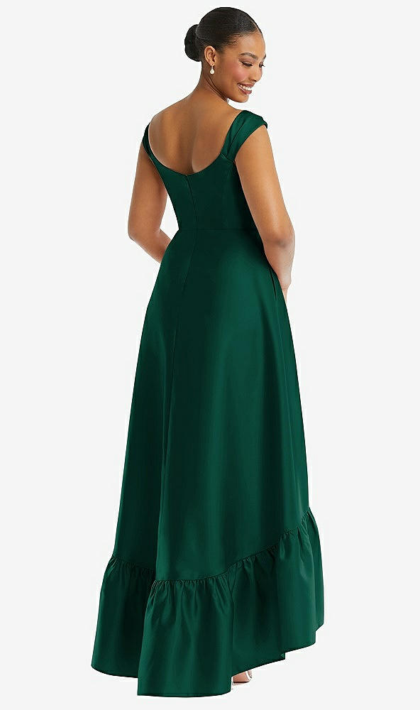 Back View - Hunter Green Cap Sleeve Deep Ruffle Hem Satin High Low Dress with Pockets