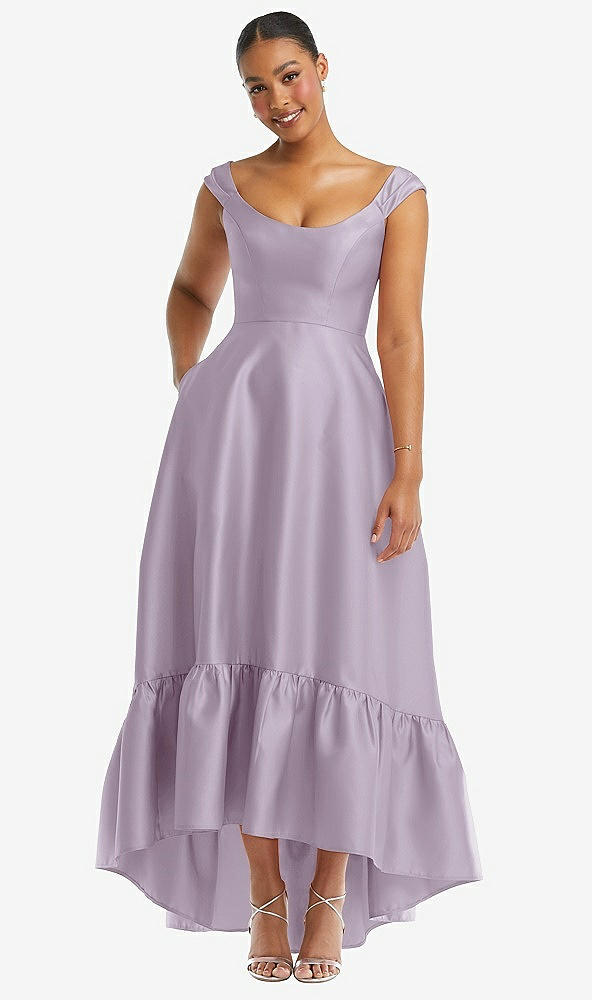 Front View - Lilac Haze Cap Sleeve Deep Ruffle Hem Satin High Low Dress with Pockets