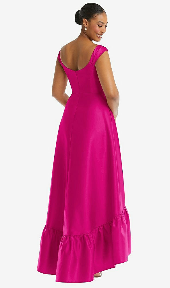 Back View - Think Pink Cap Sleeve Deep Ruffle Hem Satin High Low Dress with Pockets