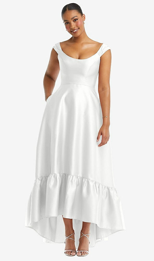 Front View - White Cap Sleeve Deep Ruffle Hem Satin High Low Dress with Pockets