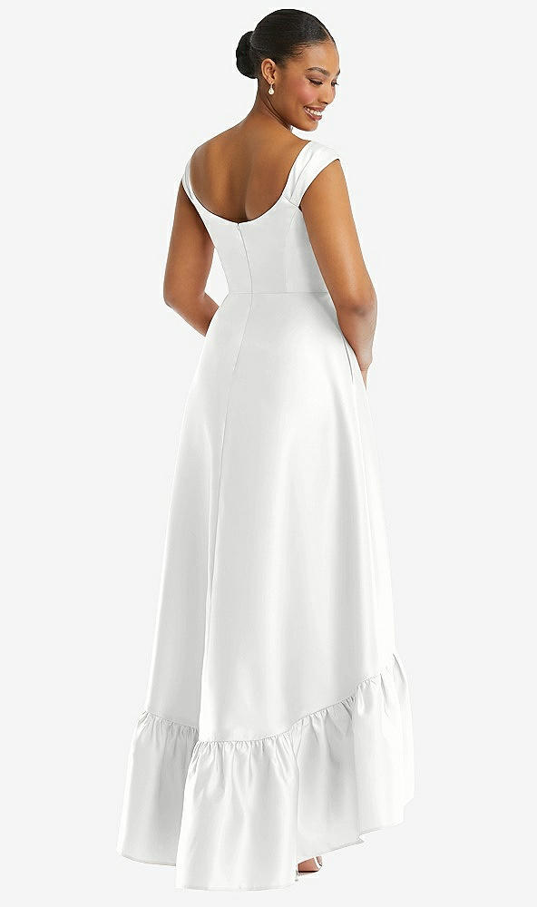 Back View - White Cap Sleeve Deep Ruffle Hem Satin High Low Dress with Pockets