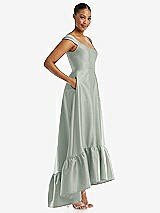 Side View Thumbnail - Willow Green Cap Sleeve Deep Ruffle Hem Satin High Low Dress with Pockets