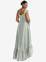 Rear View Thumbnail - Willow Green Cap Sleeve Deep Ruffle Hem Satin High Low Dress with Pockets