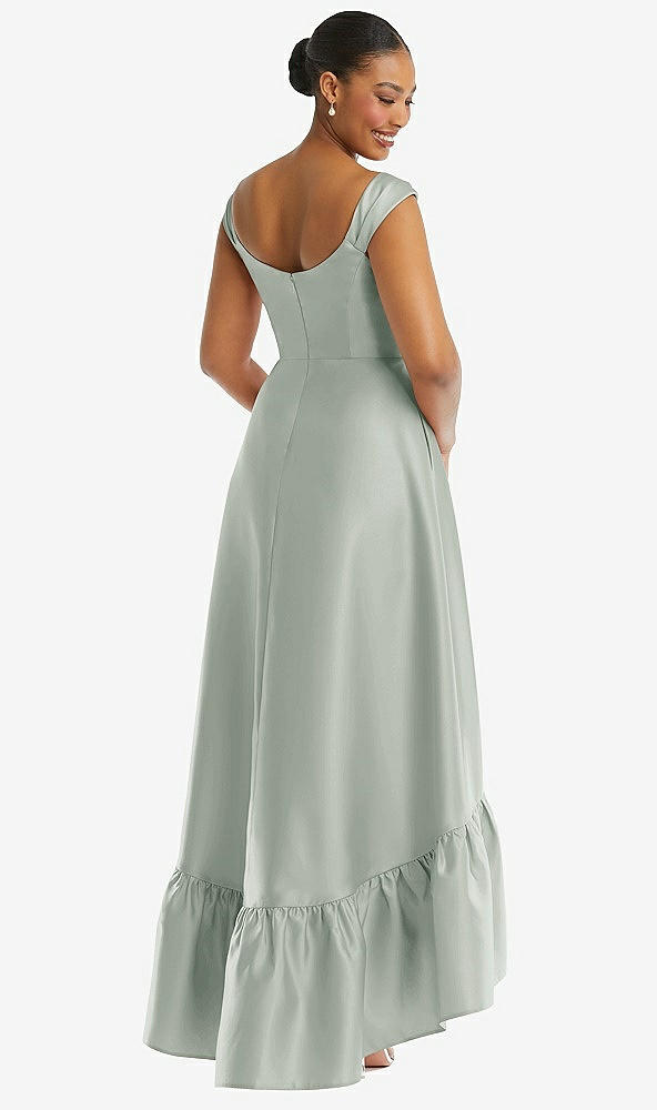 Back View - Willow Green Cap Sleeve Deep Ruffle Hem Satin High Low Dress with Pockets