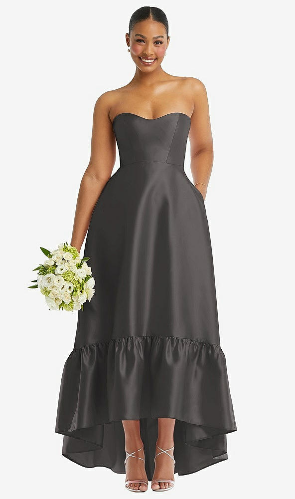 Front View - Caviar Gray Strapless Deep Ruffle Hem Satin High Low Dress with Pockets