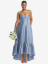 Front View Thumbnail - Cloudy Strapless Deep Ruffle Hem Satin High Low Dress with Pockets