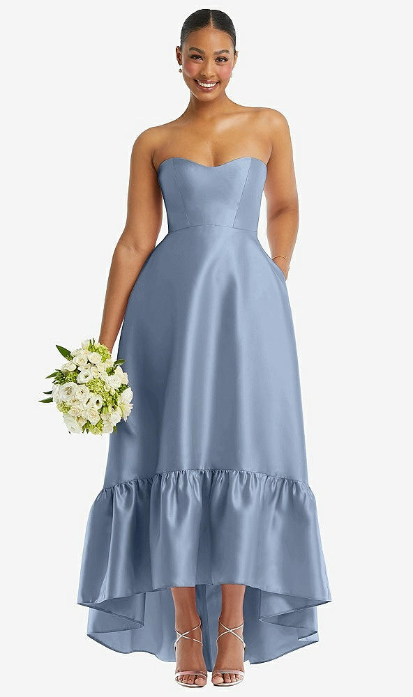 Front View - Cloudy Strapless Deep Ruffle Hem Satin High Low Dress with Pockets
