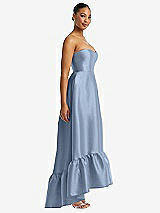 Side View Thumbnail - Cloudy Strapless Deep Ruffle Hem Satin High Low Dress with Pockets