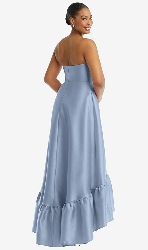 Back View - Cloudy Strapless Deep Ruffle Hem Satin High Low Dress with Pockets