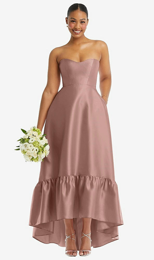 Front View - Neu Nude Strapless Deep Ruffle Hem Satin High Low Dress with Pockets