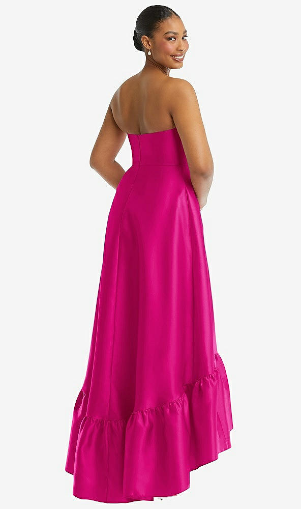 Back View - Think Pink Strapless Deep Ruffle Hem Satin High Low Dress with Pockets