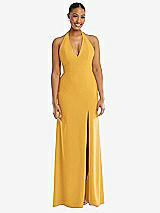 Front View Thumbnail - NYC Yellow Plunge Neck Halter Backless Trumpet Gown with Front Slit
