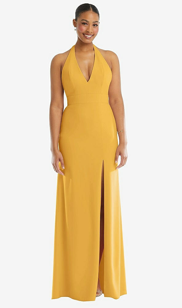 Front View - NYC Yellow Plunge Neck Halter Backless Trumpet Gown with Front Slit