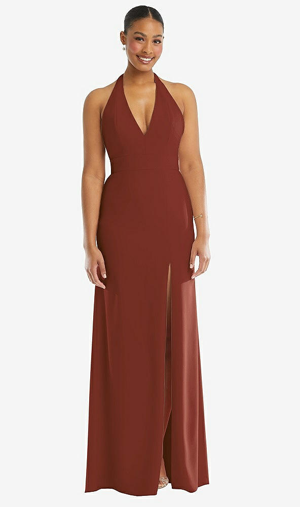 Front View - Auburn Moon Plunge Neck Halter Backless Trumpet Gown with Front Slit