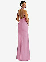 Rear View Thumbnail - Powder Pink Plunge Neck Halter Backless Trumpet Gown with Front Slit