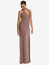 Alt View 1 Thumbnail - Sienna Plunge Neck Halter Backless Trumpet Gown with Front Slit