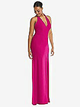 Alt View 1 Thumbnail - Think Pink Plunge Neck Halter Backless Trumpet Gown with Front Slit