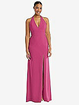 Front View Thumbnail - Tea Rose Plunge Neck Halter Backless Trumpet Gown with Front Slit