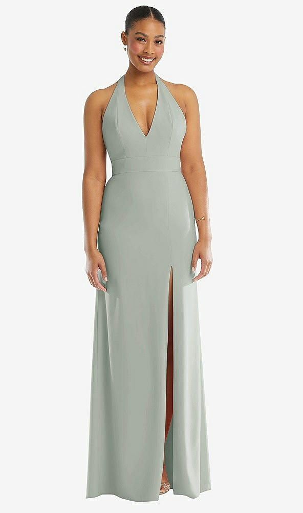 Front View - Willow Green Plunge Neck Halter Backless Trumpet Gown with Front Slit