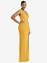 Side View Thumbnail - NYC Yellow Deep V-Neck Closed Back Crepe Trumpet Gown with Front Slit