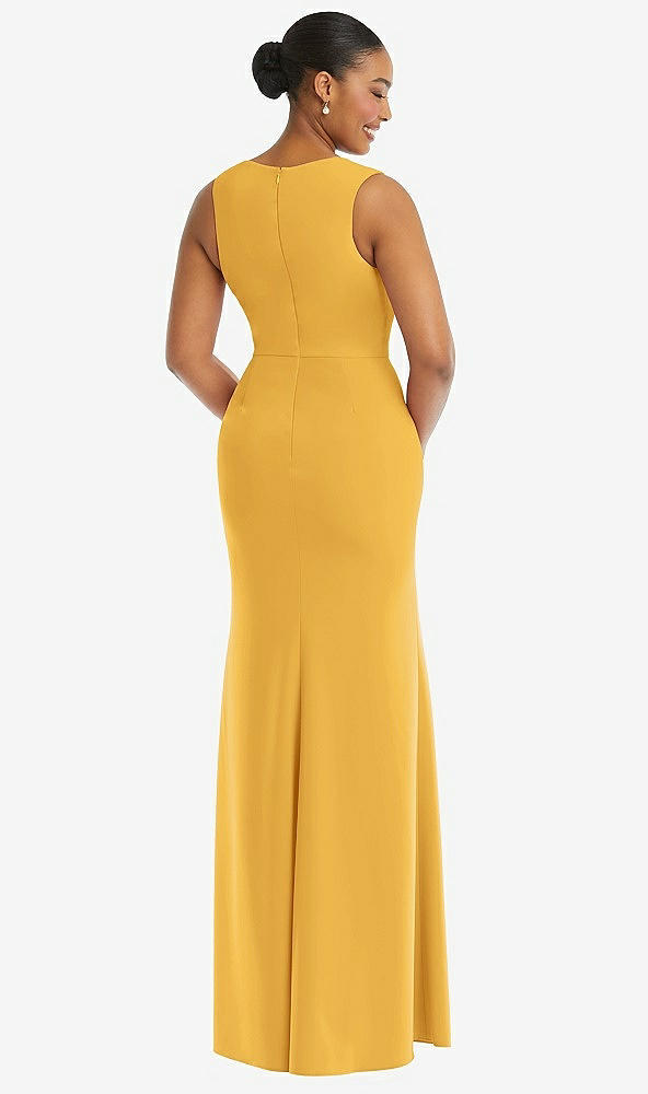 Back View - NYC Yellow Deep V-Neck Closed Back Crepe Trumpet Gown with Front Slit