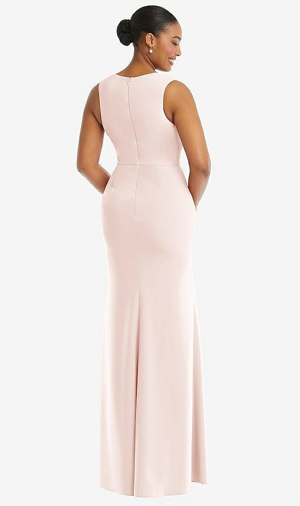 Back View - Blush Deep V-Neck Closed Back Crepe Trumpet Gown with Front Slit