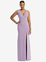 Front View Thumbnail - Pale Purple Deep V-Neck Closed Back Crepe Trumpet Gown with Front Slit