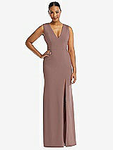 Front View Thumbnail - Sienna Deep V-Neck Closed Back Crepe Trumpet Gown with Front Slit