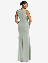 Rear View Thumbnail - Willow Green Deep V-Neck Closed Back Crepe Trumpet Gown with Front Slit