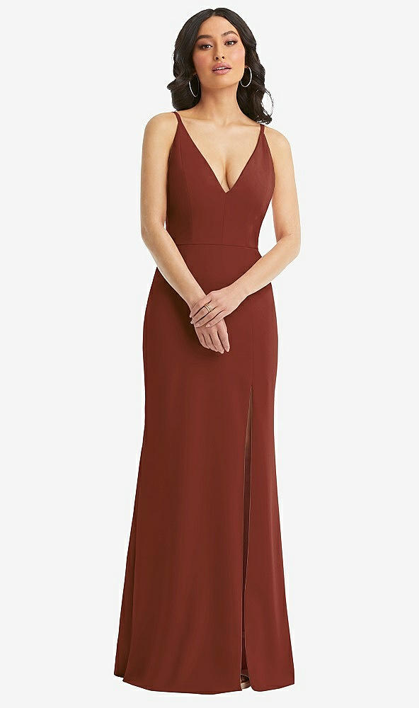 Front View - Auburn Moon Skinny Strap Deep V-Neck Crepe Trumpet Gown with Front Slit