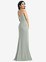 Rear View Thumbnail - Willow Green Skinny Strap Deep V-Neck Crepe Trumpet Gown with Front Slit