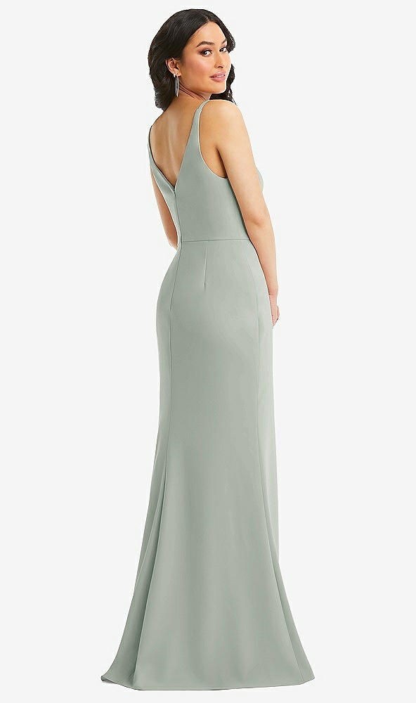 Back View - Willow Green Skinny Strap Deep V-Neck Crepe Trumpet Gown with Front Slit