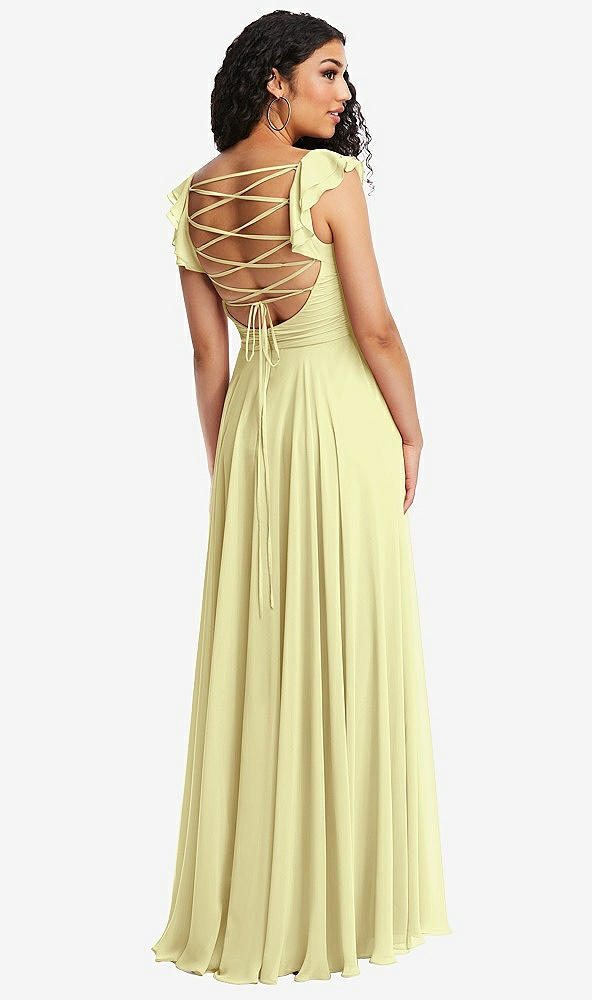 Front View - Butter Yellow Shirred Cross Bodice Lace Up Open-Back Maxi Dress with Flutter Sleeves