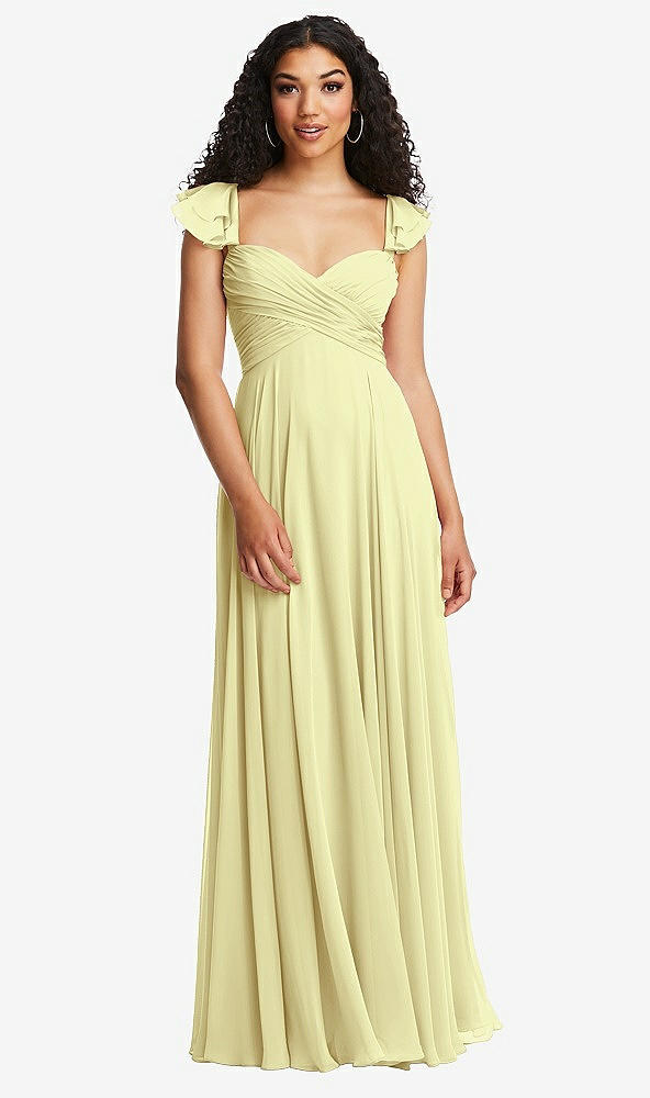 Back View - Butter Yellow Shirred Cross Bodice Lace Up Open-Back Maxi Dress with Flutter Sleeves