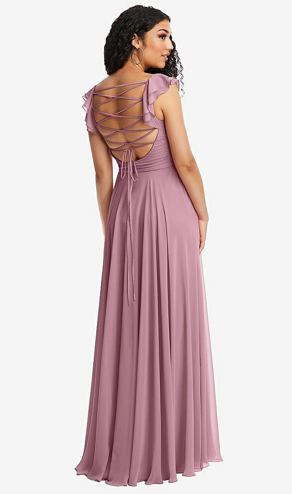 Front View - Dusty Pink Shirred Cross Bodice Lace Up Open-Back Maxi Dress with Flutter Sleeves