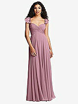 Rear View Thumbnail - Dusty Pink Shirred Cross Bodice Lace Up Open-Back Maxi Dress with Flutter Sleeves