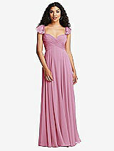 Rear View Thumbnail - Powder Pink Shirred Cross Bodice Lace Up Open-Back Maxi Dress with Flutter Sleeves