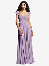 Rear View Thumbnail - Pale Purple Shirred Cross Bodice Lace Up Open-Back Maxi Dress with Flutter Sleeves