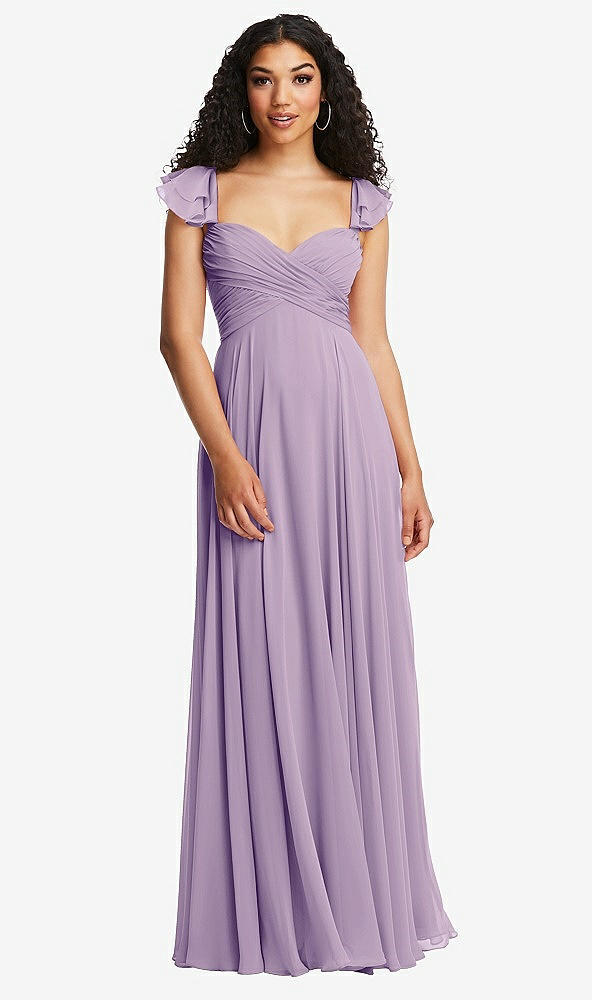Back View - Pale Purple Shirred Cross Bodice Lace Up Open-Back Maxi Dress with Flutter Sleeves